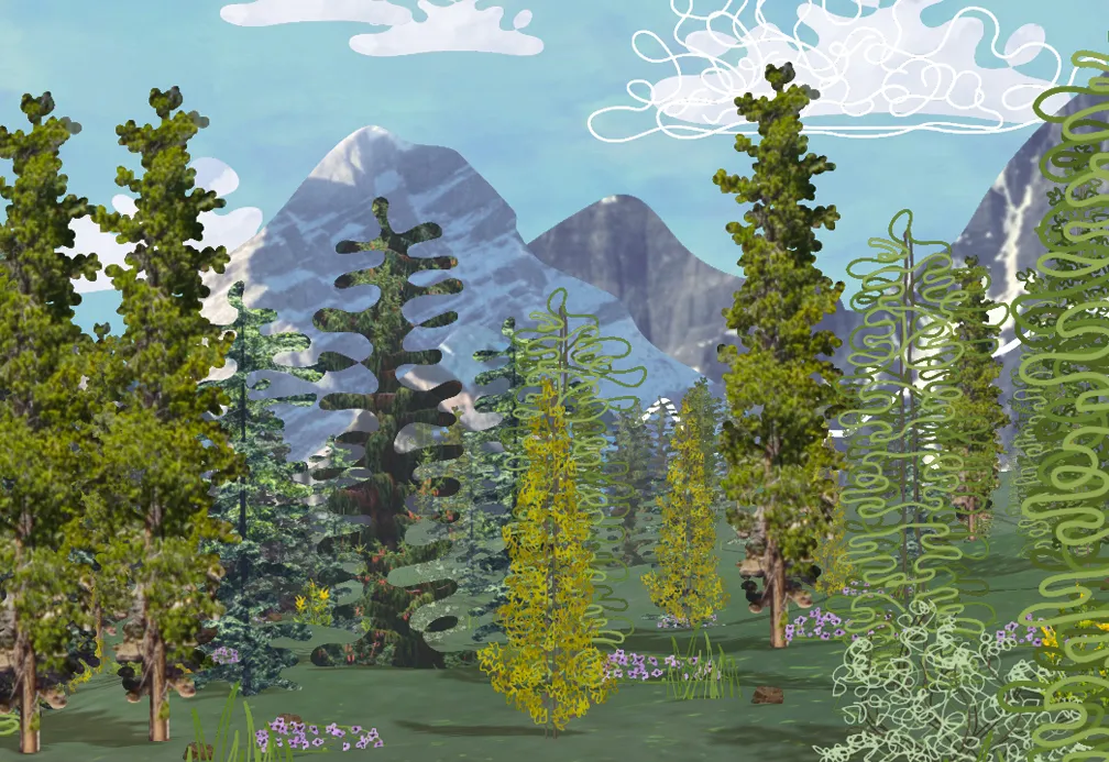 A stylized 3D scene of a forest.